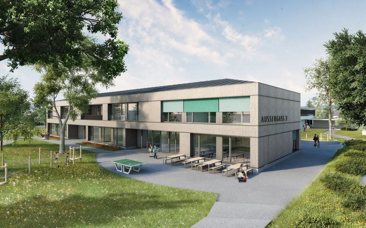 Visualisierung des Schulhauses Aussergass in Grüningen. Visualisierung des Schulhauses Aussergass in Grüningen.